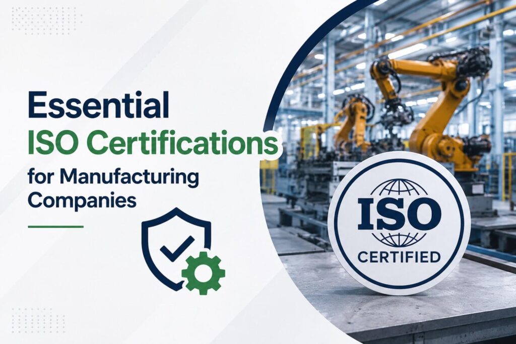Professional blog banner about ISO Certifications for Manufacturing, highlighting essential ISO standards for manufacturing companies in India such as ISO 9001, ISO 14001, and ISO 45001.