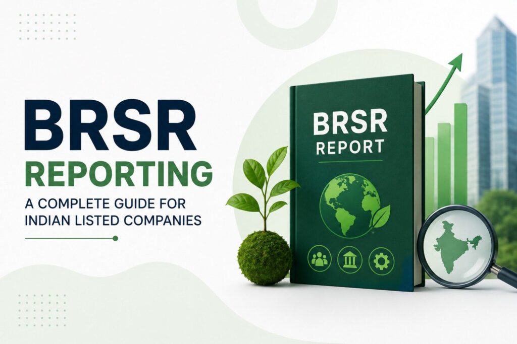 Professional blog banner for BRSR Reporting for Indian Listed Companies, highlighting SEBI compliance, sustainability reporting, ESG disclosures, and BRSR Core requirements in India.