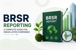 Professional blog banner for BRSR Reporting for Indian Listed Companies, highlighting SEBI compliance, sustainability reporting, ESG disclosures, and BRSR Core requirements in India.