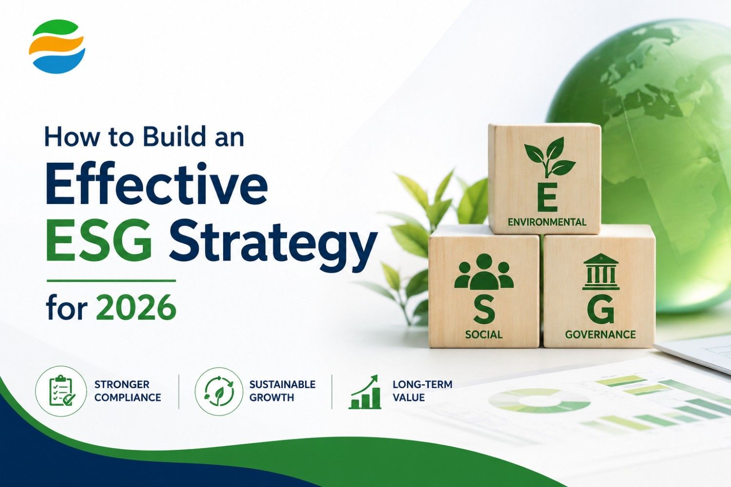 How to Build an Effective ESG Strategy for 2026 infographic featuring ESG pillars (Environmental, Social, and Governance), sustainability planning, compliance management, and long-term business growth.