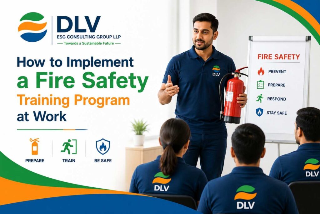 Workplace fire safety training session by DLV ESG Consulting Group LLP demonstrating fire extinguisher usage, employee safety awareness, emergency preparedness, and fire safety best practices.