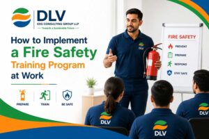 Workplace fire safety training session by DLV ESG Consulting Group LLP demonstrating fire extinguisher usage, employee safety awareness, emergency preparedness, and fire safety best practices.
