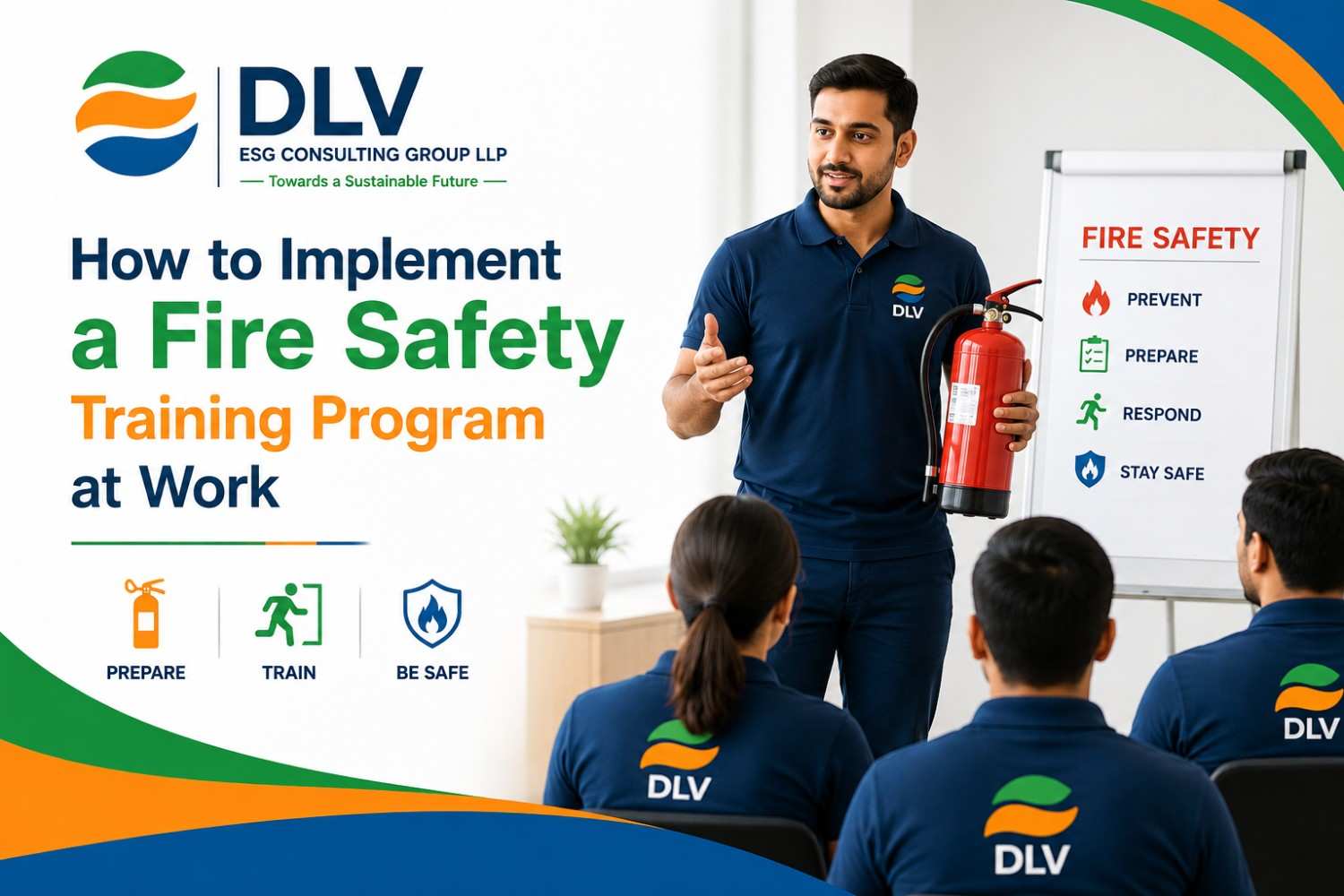 Workplace fire safety training session by DLV ESG Consulting Group LLP demonstrating fire extinguisher usage, employee safety awareness, emergency preparedness, and fire safety best practices.
