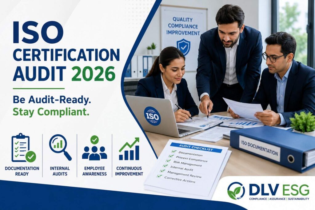 Business team preparing documents and compliance records for ISO Certification Audit 2026 with quality management and audit readiness concept.