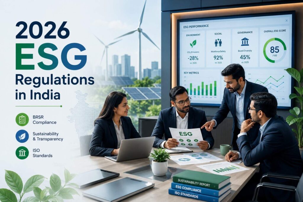 2026 ESG Regulations in India illustration showing business professionals reviewing ESG compliance, BRSR reporting requirements, sustainability metrics, and ISO standards in a modern corporate environment.
