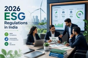 2026 ESG Regulations in India illustration showing business professionals reviewing ESG compliance, BRSR reporting requirements, sustainability metrics, and ISO standards in a modern corporate environment.