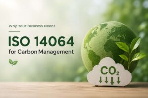 ISO 14064 Carbon Management concept with a green globe, CO₂ reduction symbol, and sustainability elements representing greenhouse gas accounting and carbon footprint management for businesses.