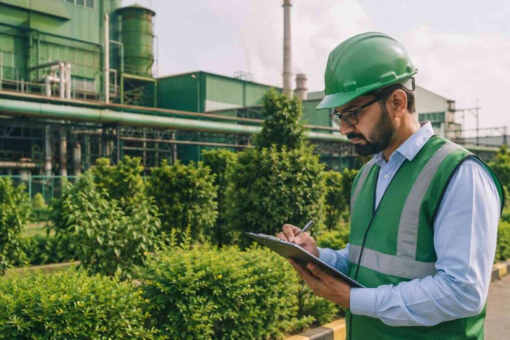 ISO 14001:2026 changes illustrated by an environmental manager reviewing a compliance transition checklist inside a modern Indian manufacturing facility with a sustainable industrial environment.