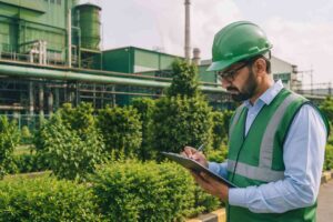 ISO 14001:2026 changes illustrated by an environmental manager reviewing a compliance transition checklist inside a modern Indian manufacturing facility with a sustainable industrial environment.